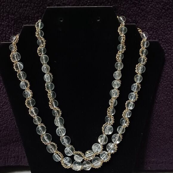 New York & Company Jewelry - Vintage NY Chunky Double Layered Clear Bead, Gold Entwined Necklace, 20"